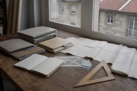 Carpetas, planos y cuaderno de consulta sobre una mesa de madera junto a una ventana con lluvia
