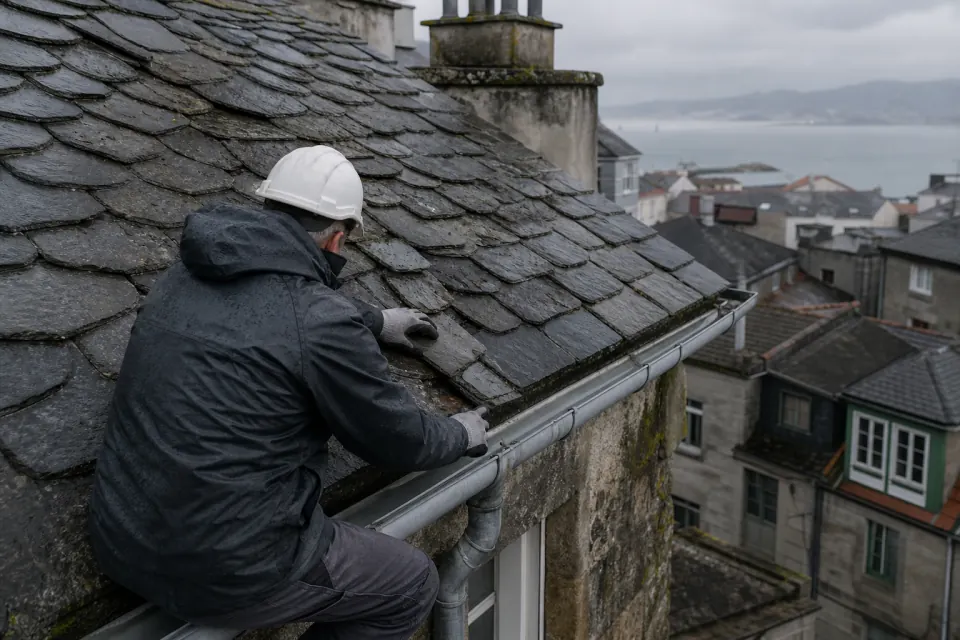 Inspección técnica de edificios en Vigo, inspección de cubierta de pizarra y canalón