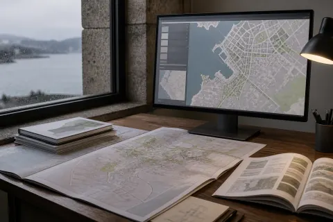 Visor urbanístico y documentación de planeamiento de Vigo sobre una mesa de trabajo