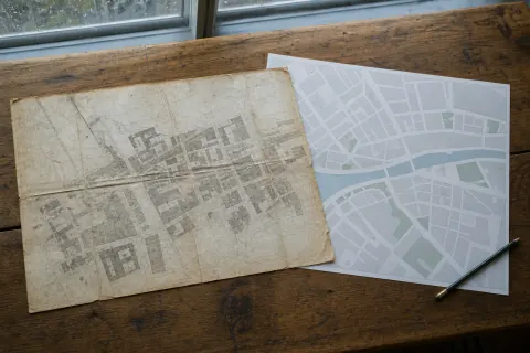 Plano urbanístico histórico junto a cartografía actual sin datos identificables